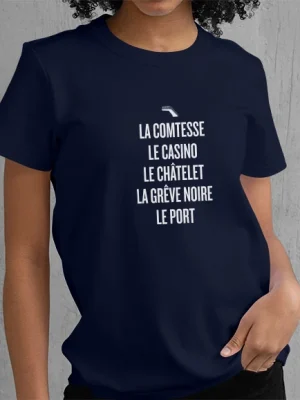 T-shirt femme flocké en blanc de tous les noms de plages de Saint-Quay-Portrieux