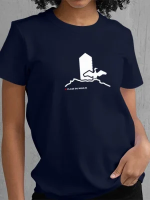 T-shirt femme flocké en blanc et rouge avec le cormoran devant la bougie de la plage du moulin d'Étables-sur-mer