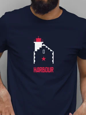 T-shirt homme flocké rouge t blanc avec le phare de l'île harbour de Saint-Quay
