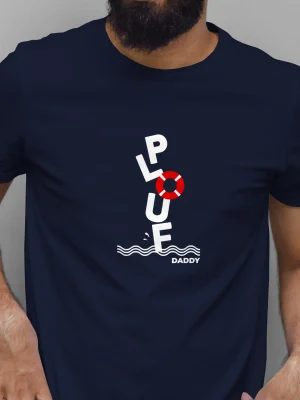 T-shirt homme flocké rouge et blanc avec la typo Plouf Daddy et la bouée