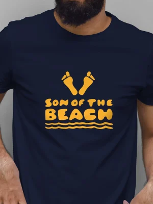T-shirt homme flocké Son of the beach en jaune d'or avec les pieds en éventail