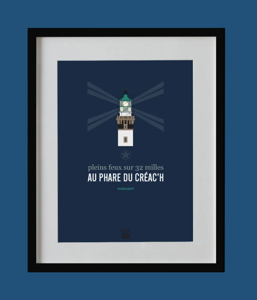 Affiche minimaliste et vintage bretagne ouessant phare creach cadre noir