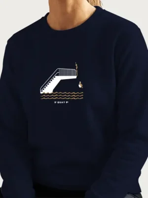 Sweat avec visuel flocké blanc et doré avec le plongeoir de la piscine de St-Quay et les deux plongeurs
