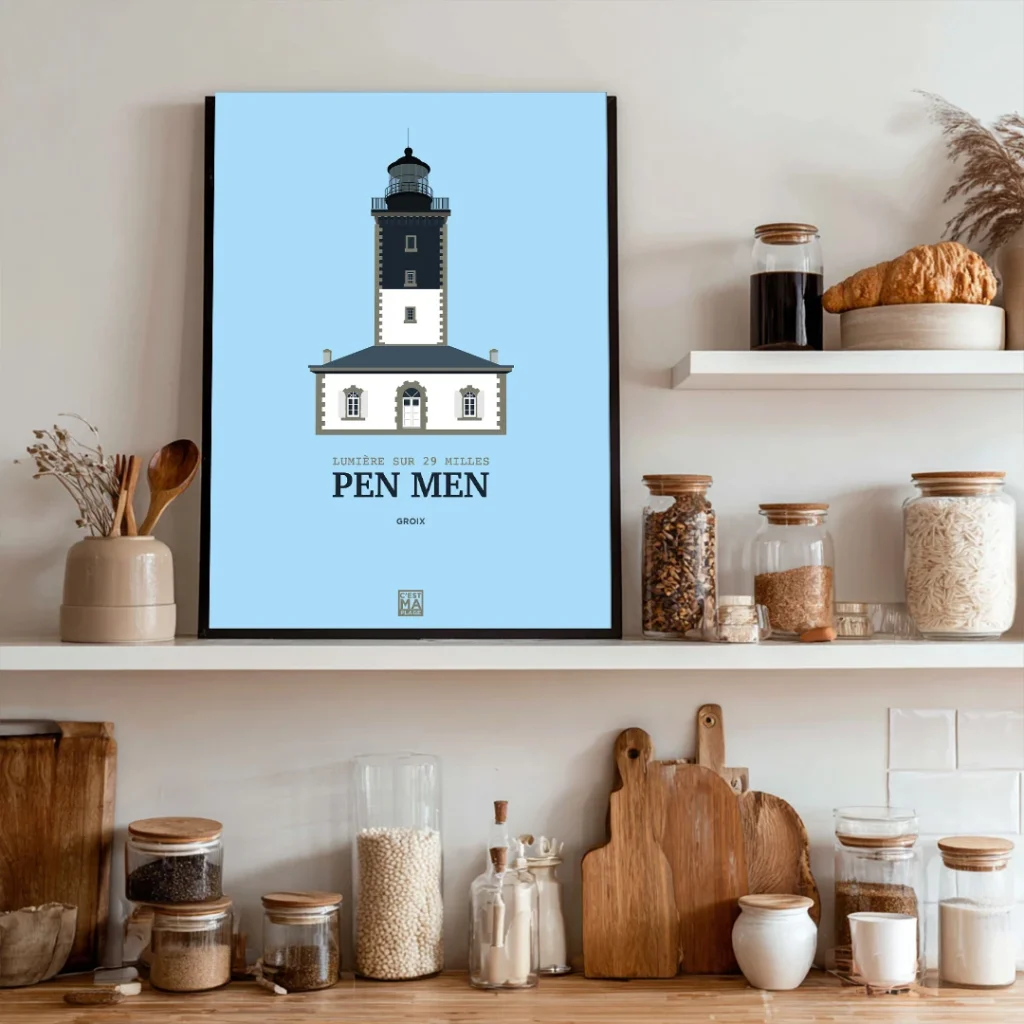 Phare de Pen Men de l'île de Groix affiché dans une cuisine. Format 30x40cm