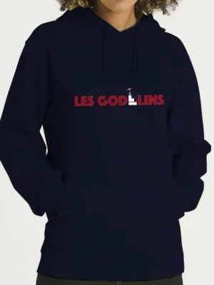 Hoodie avec visuel flocké rouge et blanc avec typographie vintage et le plongeoir des godelins