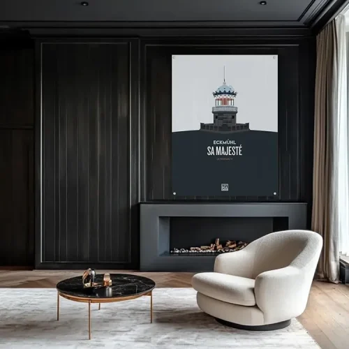 Affiche bretagne, phare d'Eckhmül sur mesure. Format 100x150 cm. Accroché dans un salon noir, beige et blanc